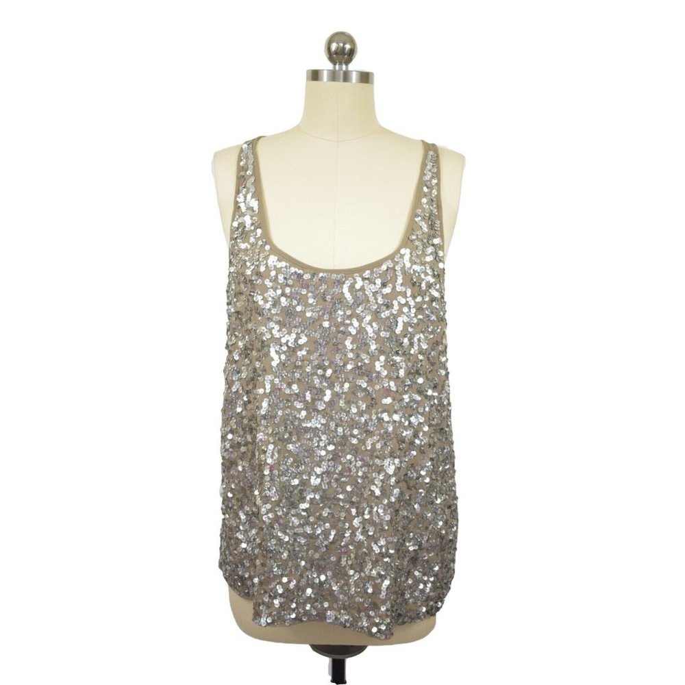 Studio F Blouse Large NWT  Brown Sleeveless Razorback Silver Sequin Lined
